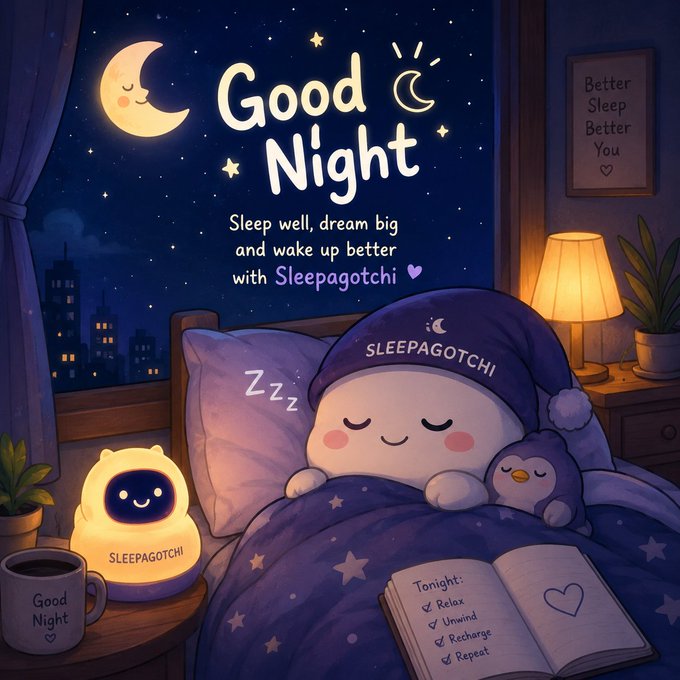 A 'Good Night' themed illustration features a Sleepagotchi character sleeping in bed with a nightcap, accompanied by a glowing lamp, a penguin plush, and a checklist reading 'Relax, Unwind, Recharge, Repeat'.