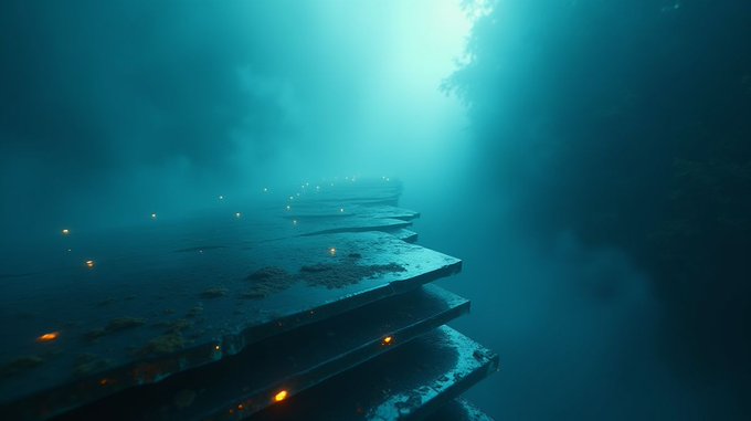 An atmospheric, moody digital artwork or photograph showing a dimly lit stone pathway or structure underwater or in heavy fog, illuminated by scattered small glowing orange lights and shafts of blue light from above.