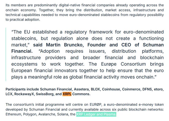 An excerpt of an article about the EU's regulatory framework for euro-denominated stablecoins, featuring a quote from Martin Bruncko of Schuman Financial and listing consortium members including XRPL Commons.