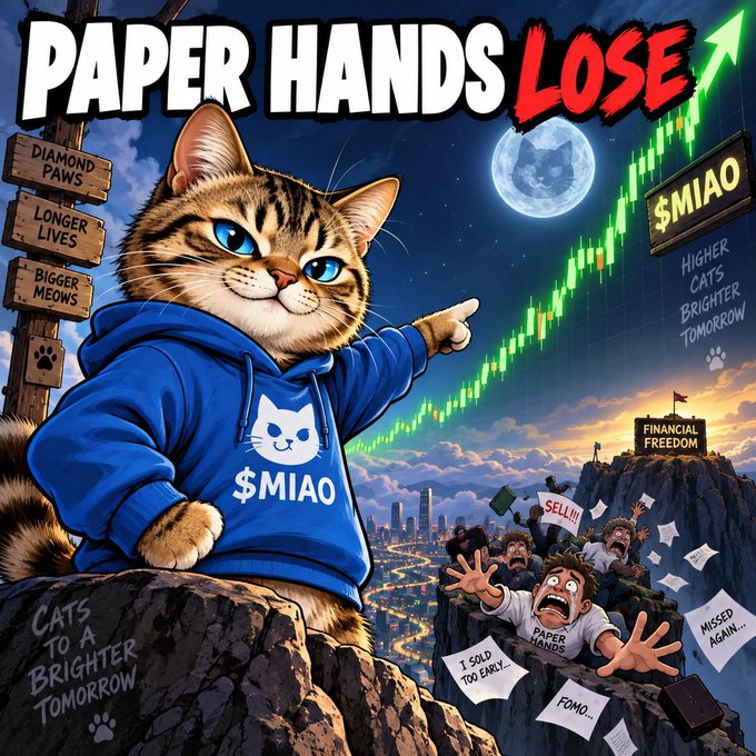 A colorful digital meme titled 'PAPER HANDS LOSE' featuring a cat in a blue '$MIAO' hoodie pointing to an upward stock chart, contrasting with distressed 'paper hands' investors below, alongside signs like 'DIAMOND PAWS' and 'LONGER LIVES.'