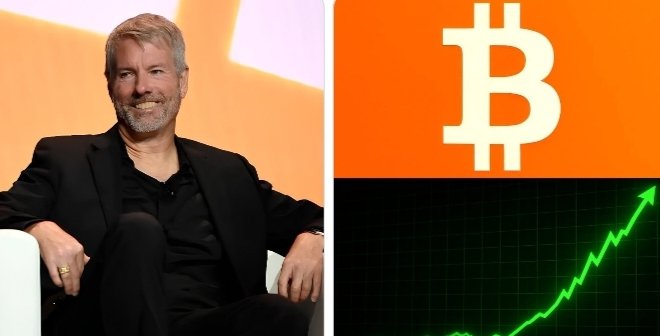 The image shows MicroStrategy Chairman Michael Saylor smiling on the left, alongside an orange Bitcoin logo and a green upward-trending chart on the right, illustrating the post's message that Strategy's (formerly MicroStrategy) massive Bitcoin holdings have gained $14.76 billion in unrealized value over just 15 days as BTC rallied.