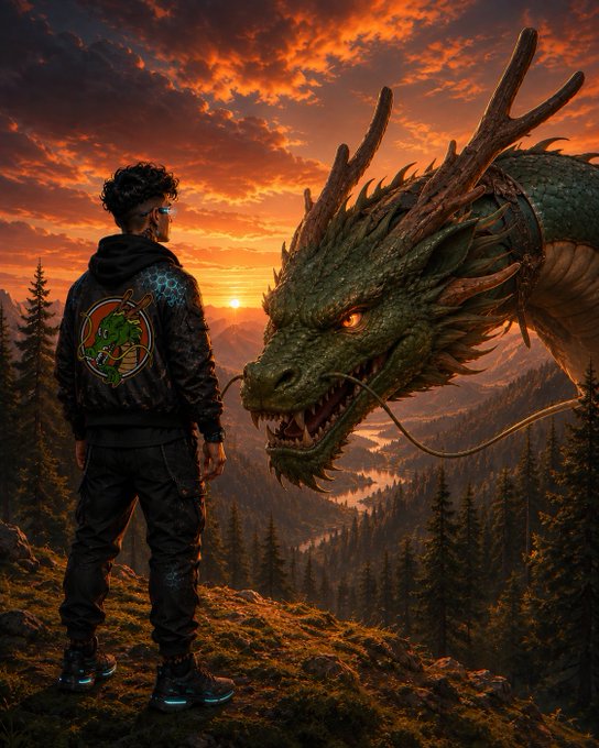 The image features a man standing on top of a hill with a dragon-like creature nearby. The scene takes place during sunset, creating an atmospheric and captivating setting for this encounter between the man and the dragon. The background includes trees and mountains, adding depth and context to the scene. The post seems to be promoting or discussing the artwork, possibly related to the Dragon King series by Shenron On Sei.