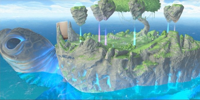 A digital illustration of a fantasy floating island with waterfalls, greenery, and hovering rocks, accompanied by a large blue sea turtle in the ocean.