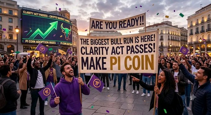 A jubilant crowd celebrates in a public square holding banners reading "ARE YOU READY!!" and "THE BIGGEST BULL RUN IS HERE! CLARITY ACT PASSES! MAKE PI COIN," matching the post's excitement about the Clarity Act's potential to trigger a historic crypto bull run. A large digital billboard in the background displays "CLARITY ACT PASSES - CRYPTO MARKET" with an upward chart and "PI COIN ADOPTION RISES," reinforcing the bullish sentiment for Pi Coin and the broader crypto market.