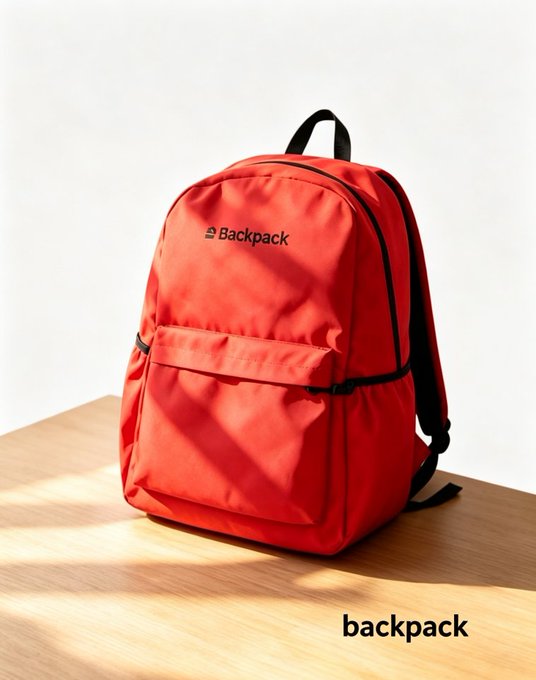 A red backpack labeled "Backpack" sits on a wooden surface, tied to a Teachers' Day giveaway promotion by Backpack offering three winners red backpacks through a social media engagement contest.