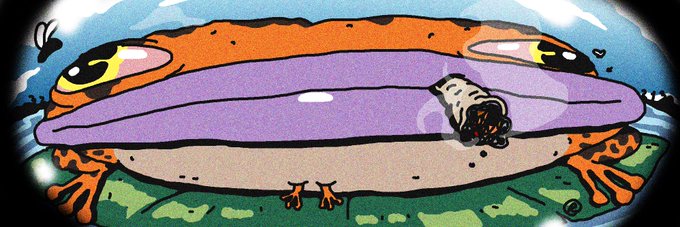 A colorful cartoon-style illustration of a large frog with orange spots and a purple mouth, smoking a cigar, with flies buzzing around.