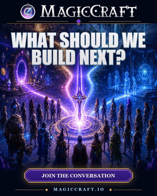 A promotional image for "MAGICCRAFT" featuring the large text "WHAT SHOULD WE BUILD NEXT?", depicting various fantasy characters gathered around a glowing sword and portal, with a "JOIN THE CONVERSATION" button and "MAGICCRAFT.IO" at the bottom.