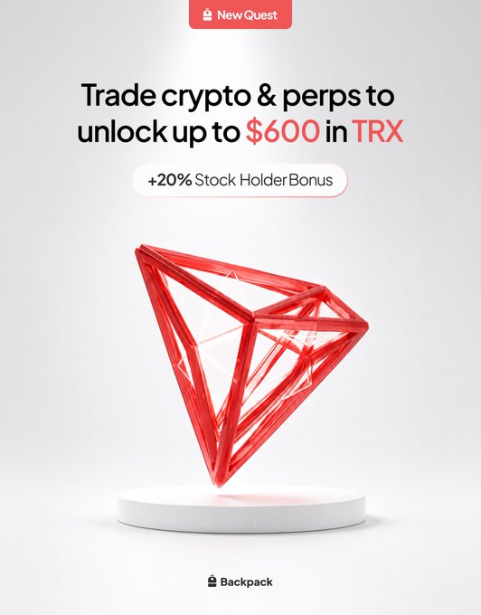 A promotional graphic with a 3D red diamond shape and text reading 'NewQuest', 'Trade crypto & perps to unlock up to $600 in TRX', and '+20% Stock Holder Bonus'.