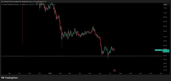 The image shows a TradingView chart of the Litecoin perpetual contract (LTCUSD) on a daily timeframe, with the price currently at 46.50 USDT as of July 14, 2026, displaying a notable downtrend from highs around 75+ earlier in 2026 followed by a bounce off the ~38 support zone—directly illustrating the watchlist setup mentioned in the post.