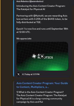 A Twitter/X post by Axis Robotics (@axisrobotics) announcing an 'Axis Content Creator Program' and 'The Katalyst for Physical AI', mentioning a partnership, lore writes, an Epoch 1 airdrop, and an image with the 'AXIS ROBOTICS' logo.