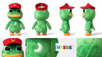 Multiple angle views of a green duck plush toy named 'WASSIE' wearing a red cap with a yellow 'W' logo and featuring a white crescent moon on its chest.