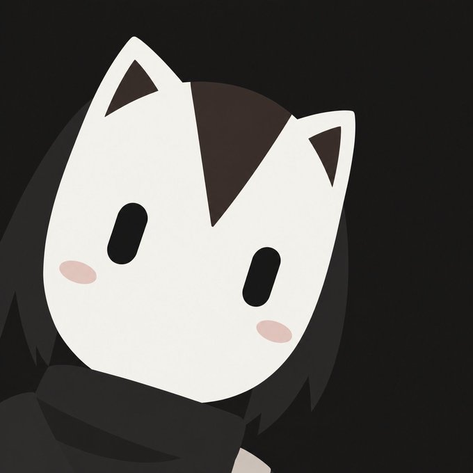 A minimalist digital illustration of a cute white cat-like character with simple dot eyes, pink blushing cheeks, and pointed ears against a solid black background.