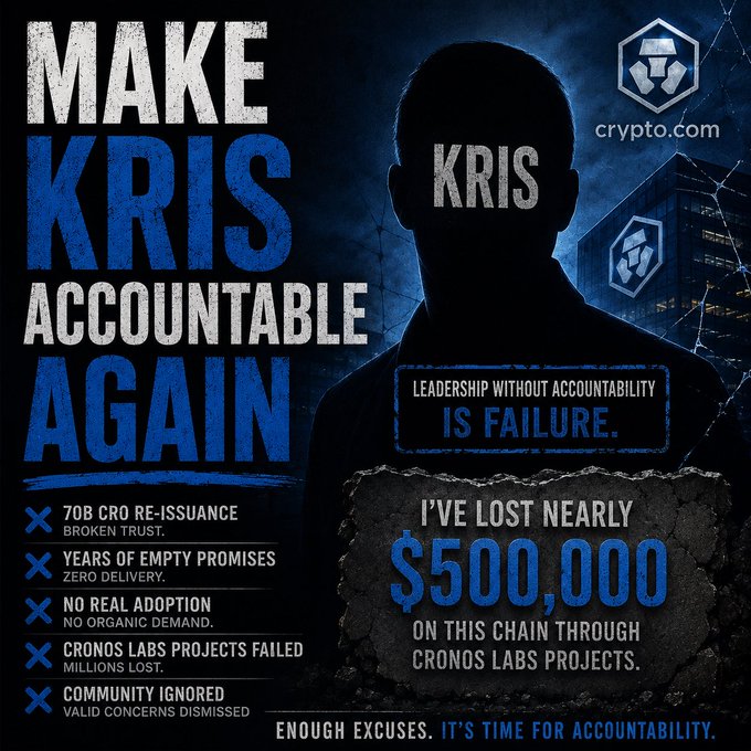 A protest-style poster demanding accountability from 'KRIS' at Crypto.com/Cronos Labs, listing grievances like '70B CRO RE-ISSUANCE BROKEN TRUST' and claiming 'I'VE LOST NEARLY $500,000'.