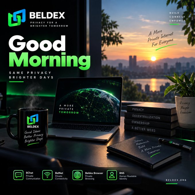 Beldex promotional graphic reading 'Good Morning - Same Privacy Brighter Days' featuring a laptop, branded mug, books labeled 'Privacy', 'Decentralization', 'Ownership', 'A Better Web3', and icons for BChat, BelNet, BelDex Browser, and BNS.