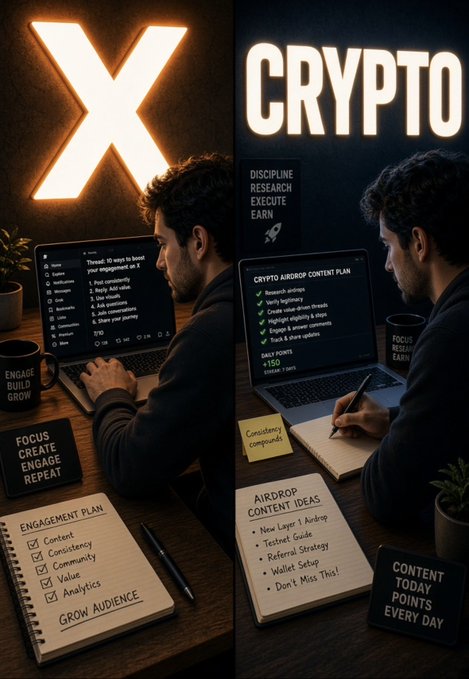 Side-by-side X (Twitter) and Crypto content strategy comparison, showing a man working on a laptop with engagement plans, air drop content ideas, and signage reading 'Discipline, Research, Execute, Earn' and 'Content Today Points Every Day.'