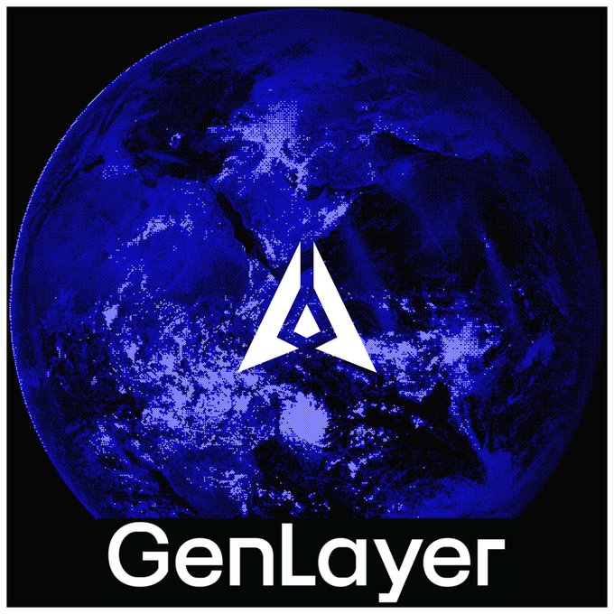 The image shows the GenLayer logo—a white geometric "A"-shaped emblem—superimposed on a stylized blue globe with city lights visible from space, set against a black background with the text "GenLayer" beneath it.

The image directly illustrates the post's point about GenLayer's global, decentralized infrastructure: a globe emphasizes its worldwide network, while the central triangular logo symbolizes the "intelligent contracts" that judge and verify AI agent work onchain, settling payments automatically based on whether tasks were truly completed.