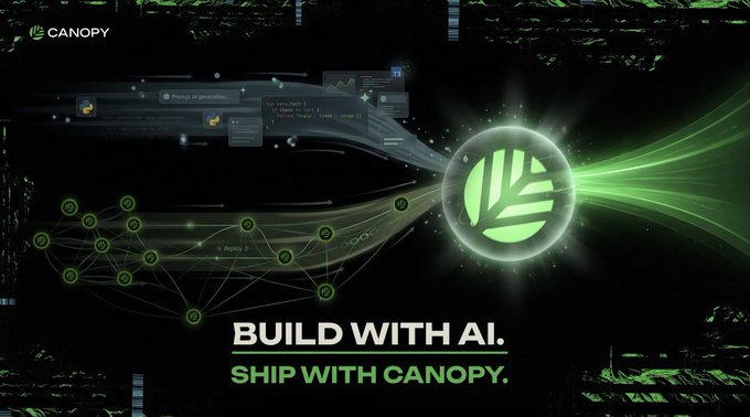 A promotional graphic for 'CANOPY' with the tagline 'BUILD WITH AI. SHIP WITH CANOPY.' featuring a glowing green leaf-like logo connected to a network of nodes on a dark background.