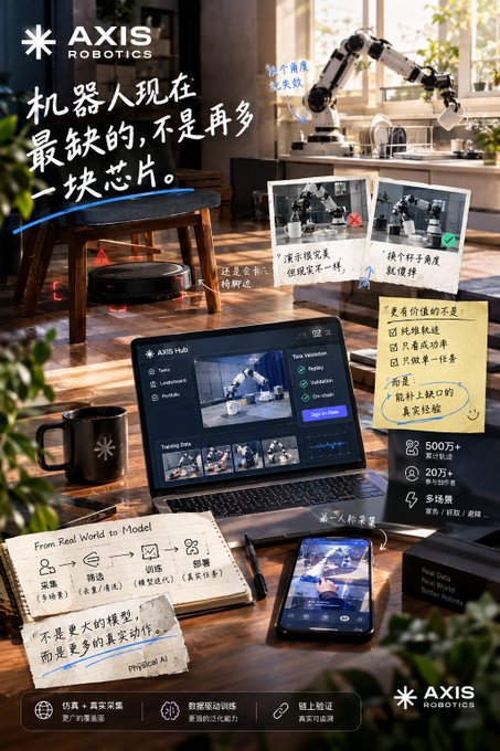 An advertisement for AXIS Robotics featuring a laptop displaying their Hub interface, a robotic arm, and Chinese text emphasizing that 'the biggest bottleneck for robots now is not another chip' but real-world data, highlighting features like '500万+' hours and '20万+' teleoperation data.