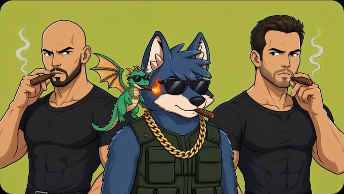 A cartoon-style illustration of an anthropomorphic blue wolf character wearing sunglasses, a gold chain, and tactical vest, smoking a cigar, flanked by two muscular bald and bearded men also smoking cigars, with a small green dragon perched on the wolf's shoulder.