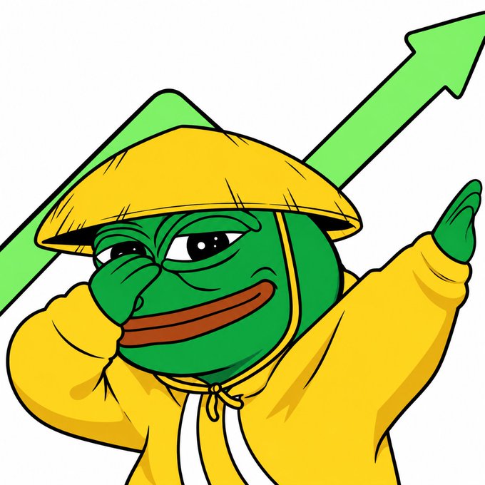 A Pepe the Frog meme image dressed in a yellow raincoat and conical hat pointing upward at a green arrow.