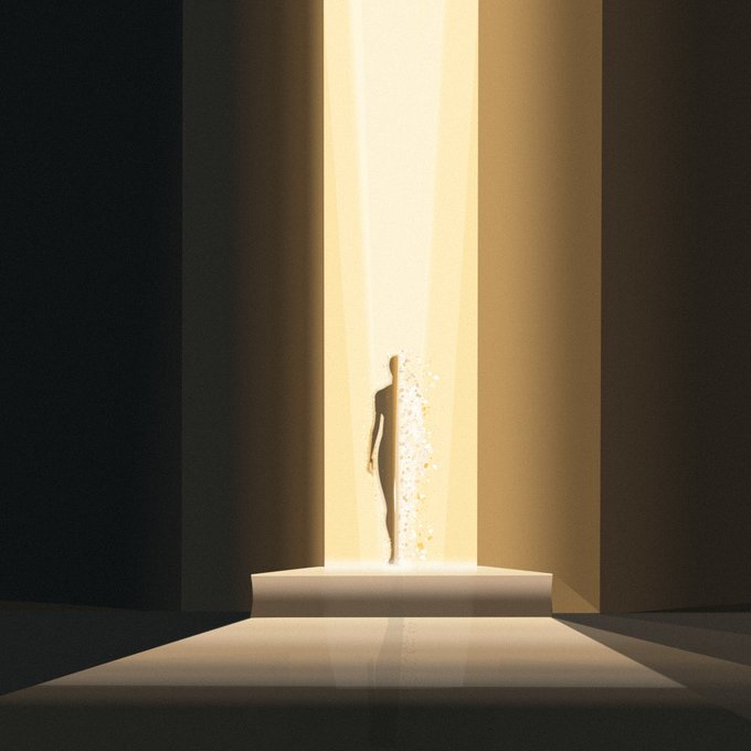 A 3D render shows a featureless humanoid figure standing on a white platform in a beam of light, dissolving into glowing golden particles that drift upward.