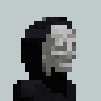 A low-resolution pixel art portrait depicts a hooded figure with a shadowed face against a pale blue background.