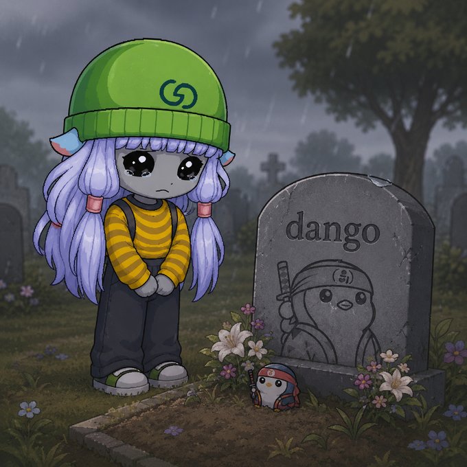 A digital illustration of a sad anime-style character with purple hair and a green beanie standing in the rain next to a gravestone labeled 'dango' with flowers and a small ninja penguin figurine.
