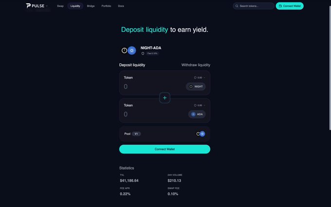 A screenshot of the Pulse Labs DeFi interface showing a 'Deposit liquidity to earn yield' page for the NIGHT-ADA token pool with a 'Connect Wallet' button.