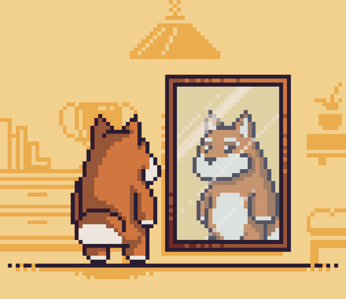 Pixel art illustration showing an orange cat looking at its reflection in a mirror.