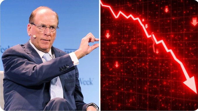 A split image shows Larry Fink, CEO of BlackRock, gesturing while seated at what appears to be a conference (left), paired with a red downward-trending stock chart with falling arrows indicating a market decline (right). The visual reinforces the post's claim that BlackRock clients have sold $54.8 million worth of Bitcoin ($BTC), symbolizing bearish sentiment toward the cryptocurrency.