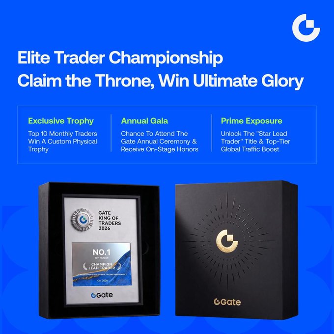 A promotional graphic for Gate's "Elite Trader Championship" with the tagline "Claim the Throne, Win Ultimate Glory," highlighting three benefits: Exclusive Trophy for top 10 monthly traders, Annual Gala attendance, and Prime Exposure with the "Star Lead Trader" title. The image displays the actual custom trophy—a sleek black box featuring a metallic Gate logo and a framed "King of Traders 2026 Champion & Lead Trader" No. 1 certificate—reinforcing the post's message about the exclusive physical prize awaiting top performers in the championship.