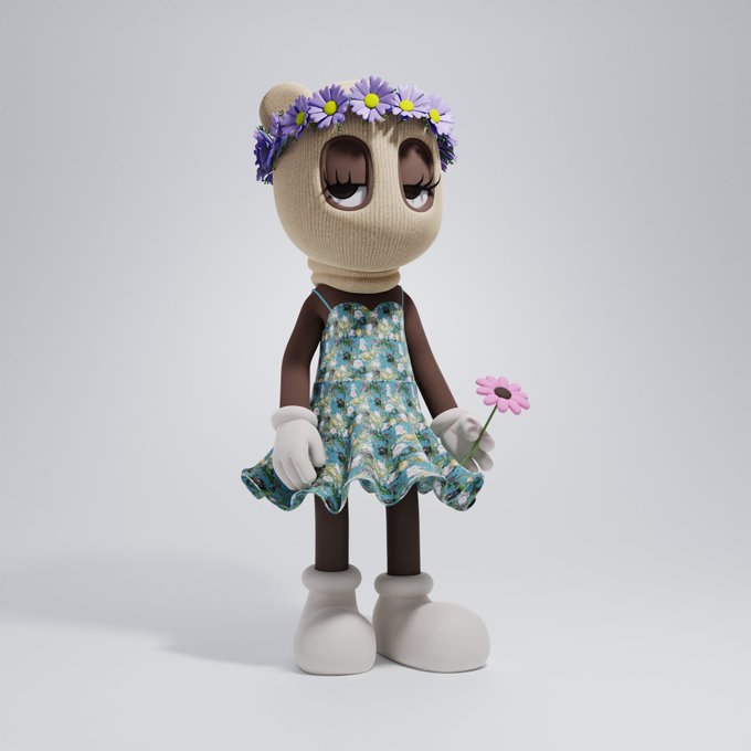 A 3D-rendered figure with a beige knitted balaclava head adorned with purple daisy flowers, wearing a blue floral dress and white gloves, holding a small pink flower.