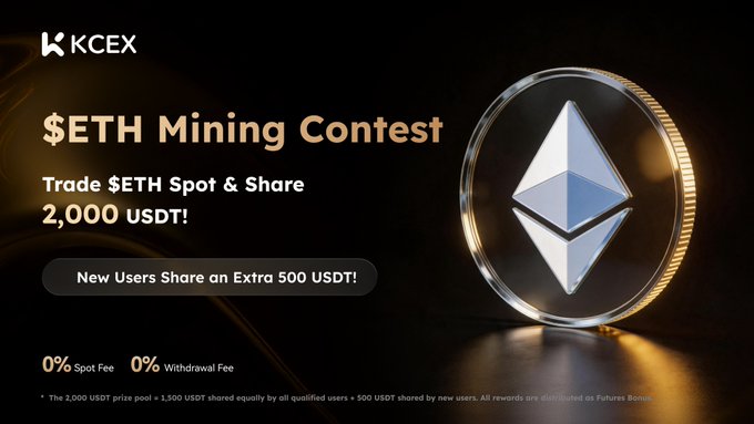 KCEX's "$ETH Mining Contest" promotional banner advertises a 2,000 USDT prize pool for ETH spot traders, with 500 USDT reserved for new users, matching the post's announcement of a special ETH Spot Competition running from August 25 to September 1 featuring zero spot and withdrawal fees.