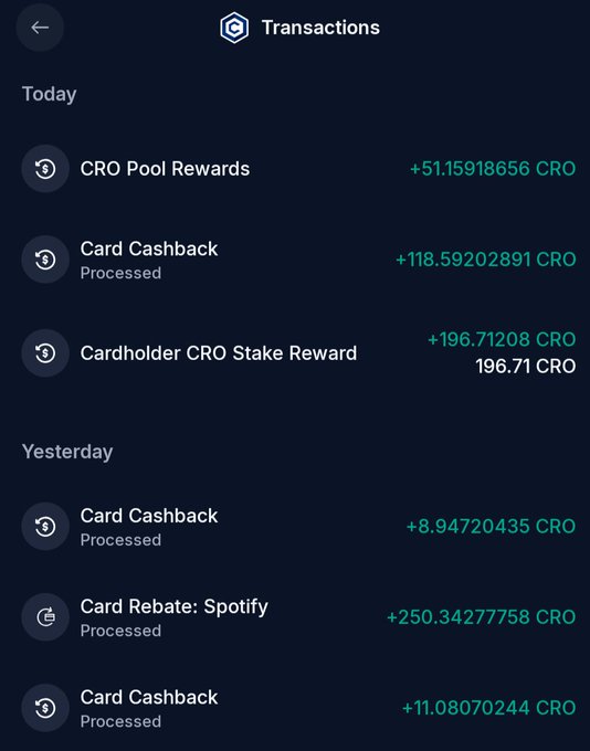 A Crypto.com transactions screen displaying CRO earnings including a 196.71 CRO Cardholder Stake Reward, plus card cashbacks and rebates in green. The image directly visualizes the post's celebration of another Monday stake reward added to the stack.