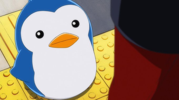 An anime-style blue and white penguin with an orange beak sits on a yellow studded base, looking up toward a dark red and black figure. The whimsical, joyful image complements the post's lighthearted tone as the author celebrates a 5x return on $APP, expressing gratitude for the "easy wins."