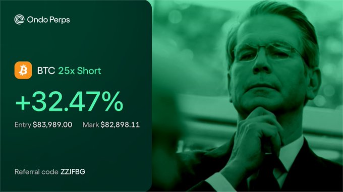 A financial advertisement for 'Ondo Perps' showing a BTC 25x Short trade with a +32.47% gain, an entry price of $83,989.00, and a mark price of $82,898.11, using referral code ZZJFBG.