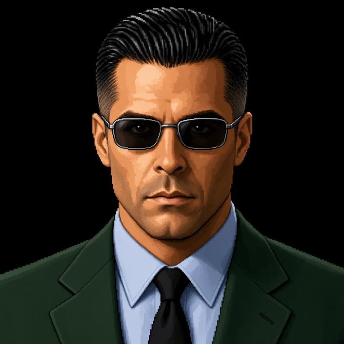 A pixel art style portrait of a man with slicked-back dark hair, wearing small rectangular sunglasses, a green suit jacket, light blue shirt, and black tie against a black background.