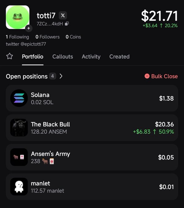 Crypto portfolio app screenshot for user 'totti7' (twitter @epictotti77) showing $21.71 total value (+$3.64, 20.2%) with open positions in Solana (SOL), The Black Bull (ANSEM), Ansm's Army, and manlet.