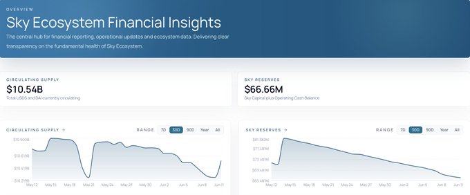 The image shows a screenshot of a finance website with two data tables displayed against each other, one being the "Sky Ecosystem Financial Insights" page. The table on the left has a blue header at the top and displays information about the company's financials, while the right table is green with columns that display various financial details. There are also two bars in the middle of the screens showing different time frames for data collection or tracking.