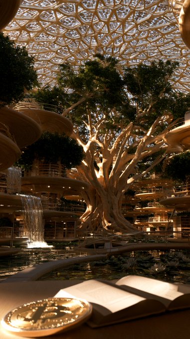 An atmospheric, warm-toned image of a tranquil indoor space featuring a large illuminated tree, a domed wooden lattice ceiling, a small waterfall, and an open book with a decorative bowl in the foreground.