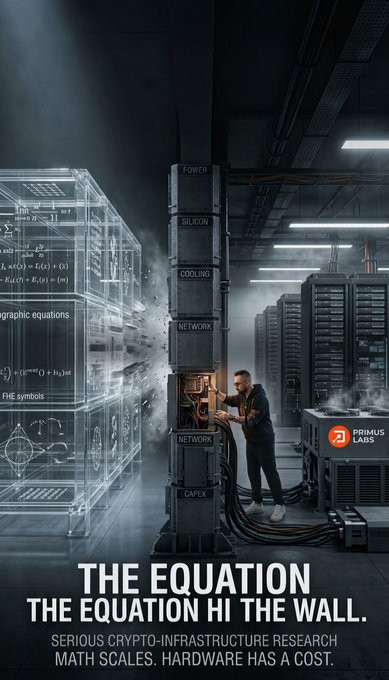 Promotional graphic for Primus Labs titled 'THE EQUATION / THE EQUATION HI THE WALL' about crypto-infrastructure research, showing a man working on a tower labeled with components like POWER, SILICON, COOLING, NETWORK, and CAPEX.