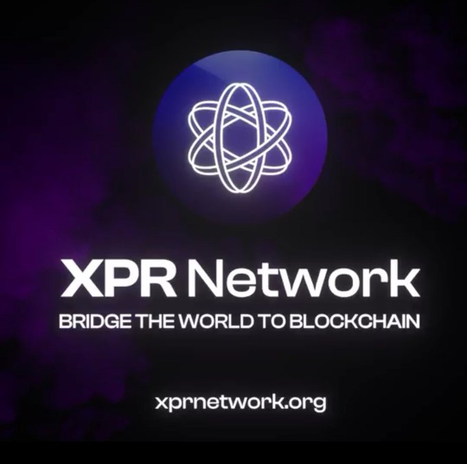 The image features a purple background with white text that reads "XPR Network" followed by "bridge the world to blockchain". The text also includes an image of a blue circle with a white globe inside, which is part of the XPR Network logo. The image suggests that the XPR Network is promoting their blockchain services and how they can help banks issue digital assets, move value instantly, enforce permissions, and build seamless customer apps without exposing users to gas fees or crypto complexity.