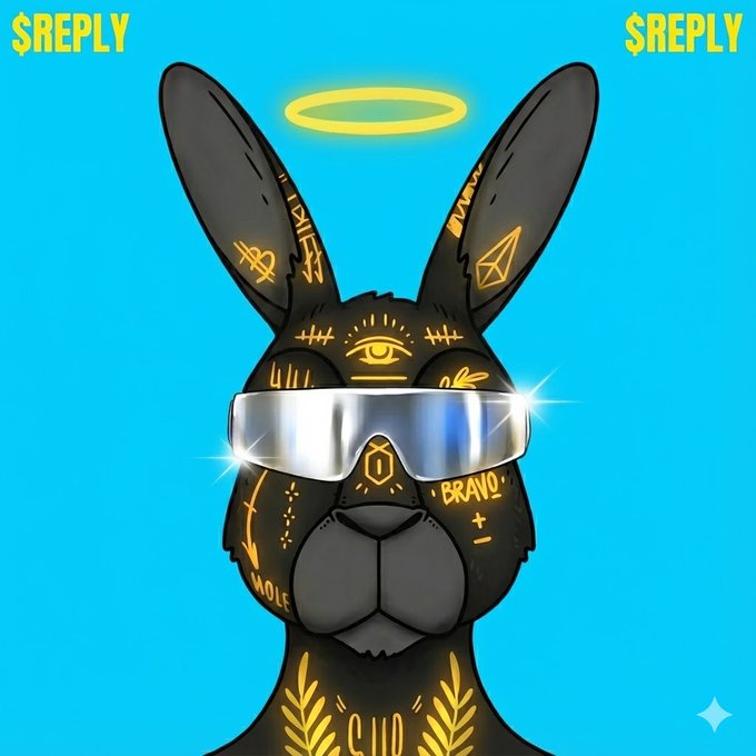An NFT-style digital illustration of a French Bulldog wearing futuristic silver visor glasses and a yellow halo, with gold mystical symbols on its body against a blue background with '$REPLY' text.