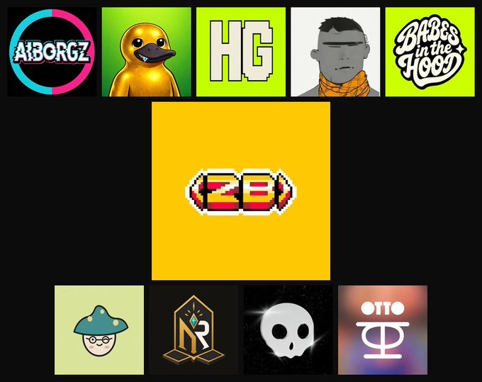 A grid collage of nine NFT collection logos featuring "AIBORGZ," a duck character, "HG," a portrait character, "Babes in the Hood," a pixel-art "3D" image, a mushroom-headed character, a gold emblem, a skull, and "OTTO." The image showcases NFT mints for September 3, highlighting collections like AIBORGZ and Platy Peeps with their respective mint times and pricing tiers.