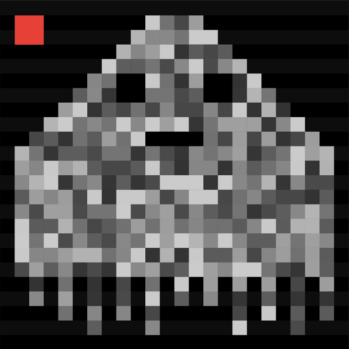 A pixelated, ghostly gray figure with hollow eyes and a small mouth floats against a black background, accompanied by a single red square in the upper left corner. The image visually represents the "CRT Ghost" mentioned in the post—an artistic, non-utilitarian digital collectible whose value lies purely in its aesthetic appeal.