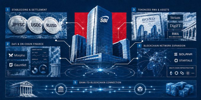 An infographic centered on the SBI building outlines five blockchain initiatives: Stablecoins (JPYC, USDC), DeFi (Morpho, Gauntlet), Tokenized RWA & Assets (Strium, DigiFT, RWA), Blockchain Network Expansion (Solana, Startale), and Bank-to-Blockchain Connection.