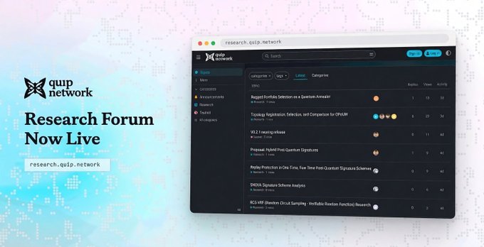 Promotional graphic for 'quip network' announcing 'Research Forum Now Live' at research.quip.network, showing a dark-themed forum dashboard listing latest research articles.