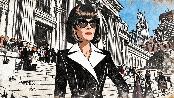 An illustrated vintage-style portrait of a woman in a black suit and sunglasses standing before a classical building with columns, with 'EMPRESS' text and crown symbols visible on steps.