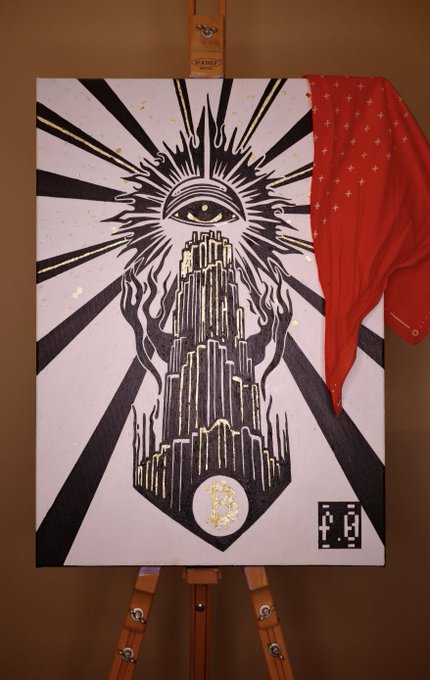 A black and white painting on an easel depicts an all-seeing eye above a golden, flame-like tower structure with a red, star-speckled cape draped over its right side.