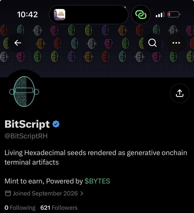 Twitter/X profile for "BitScript" (@BitScriptRH), a verified account describing "Living Hexadecimal seeds rendered as generative onchain terminal artifacts" and powered by $BYTES, joined September 2026 with 621 followers.